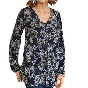 J. Jill Floral Expressions V-Neck Navy Long Sleeve Tunic Size Small Petite